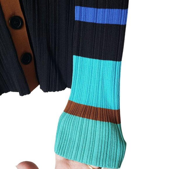 Wales Bonner Striped Ribbed Knit Black Multi V Neck Cardigan Preppy Quiet Luxury - Picture 10 of 14